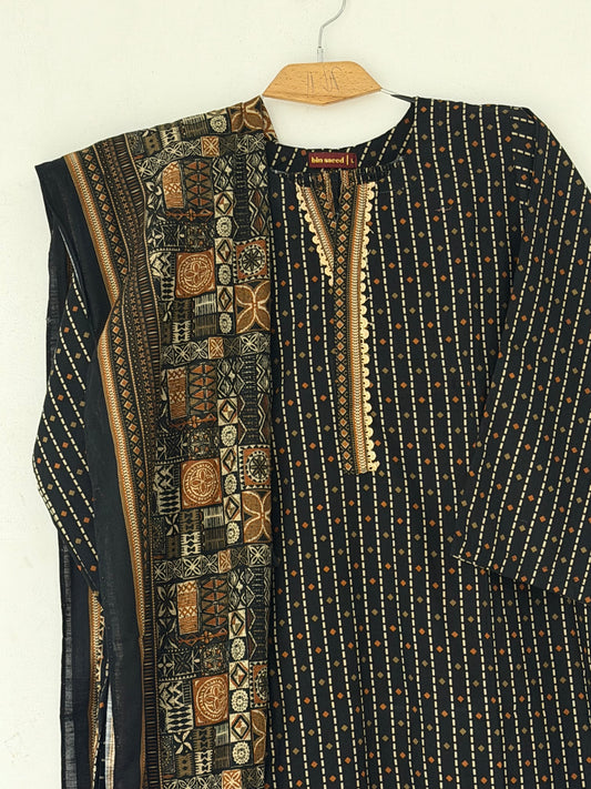 Bin Saeed Khaadar Black Rust Patchwork 3 Piece Stitched Suit
