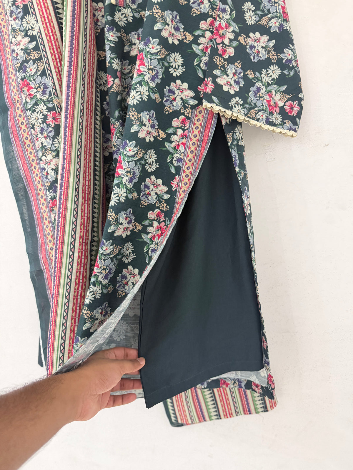 Bin Saeed Khaadar Dark Green Pink Floral 3 Piece Stitched Suit