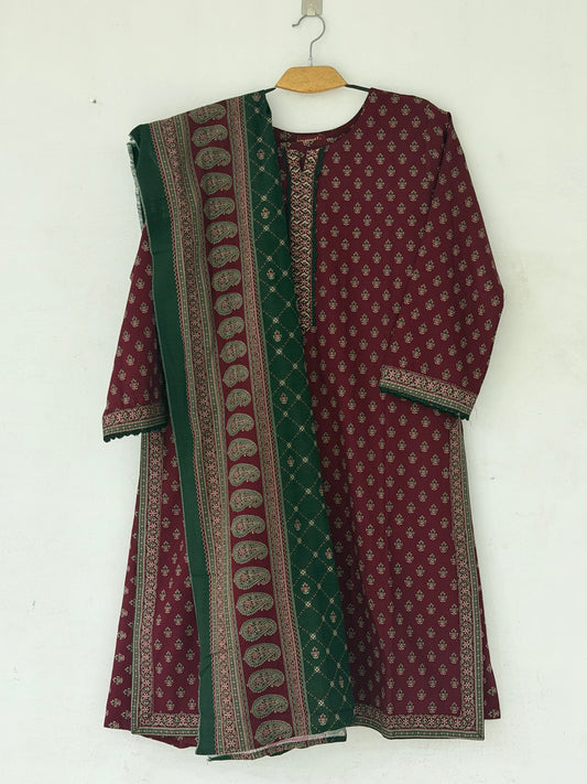 Bin Saeed Khaadar Maroon Green Paisley 3 Piece Stitched Suit