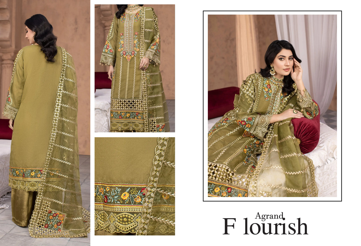 Olive Green Luxury Embroidered 3-Piece Women's Suit – Premium Festive & Formal Wear | Yahyas
