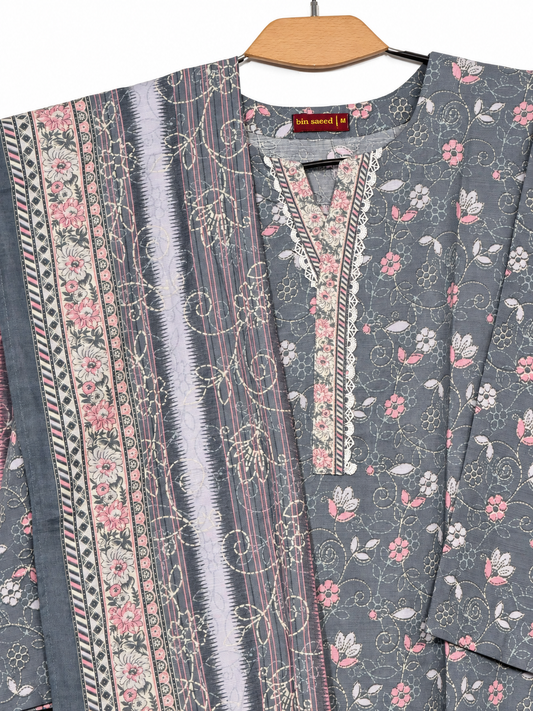 Bin Saeed Khaadar Charcoal Pink Floral 3 Piece Suit neckline and shawl detail