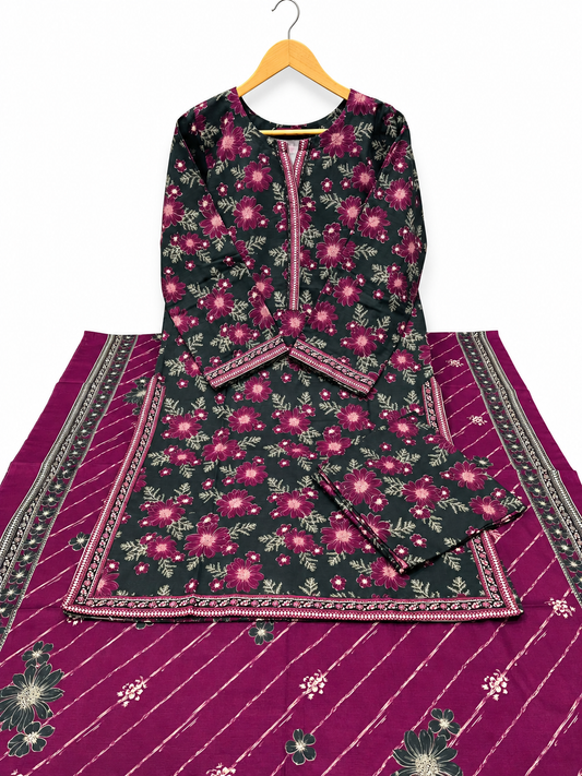 Bin Saeed Khaadar Charcoal Plum Floral 3 Piece Suit gallery detail 1