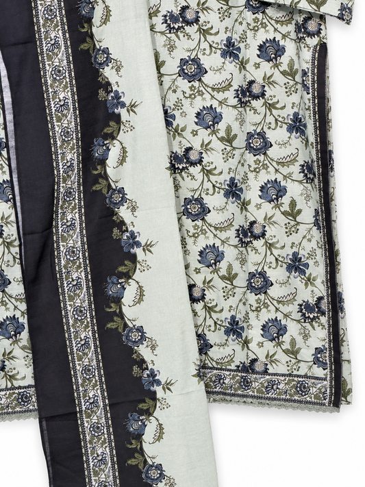 Bin Saeed Khaadar Mint Floral 3 Piece Suit hem and shawl border detail