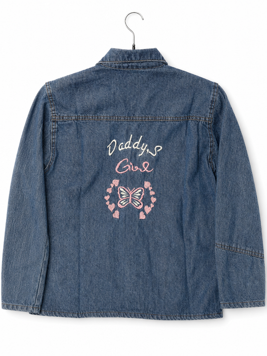 Women's blue denim jacket back with Daddy's Girl butterfly embroidery