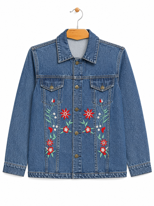 Women's blue denim jacket with red floral embroidery – alternate front view