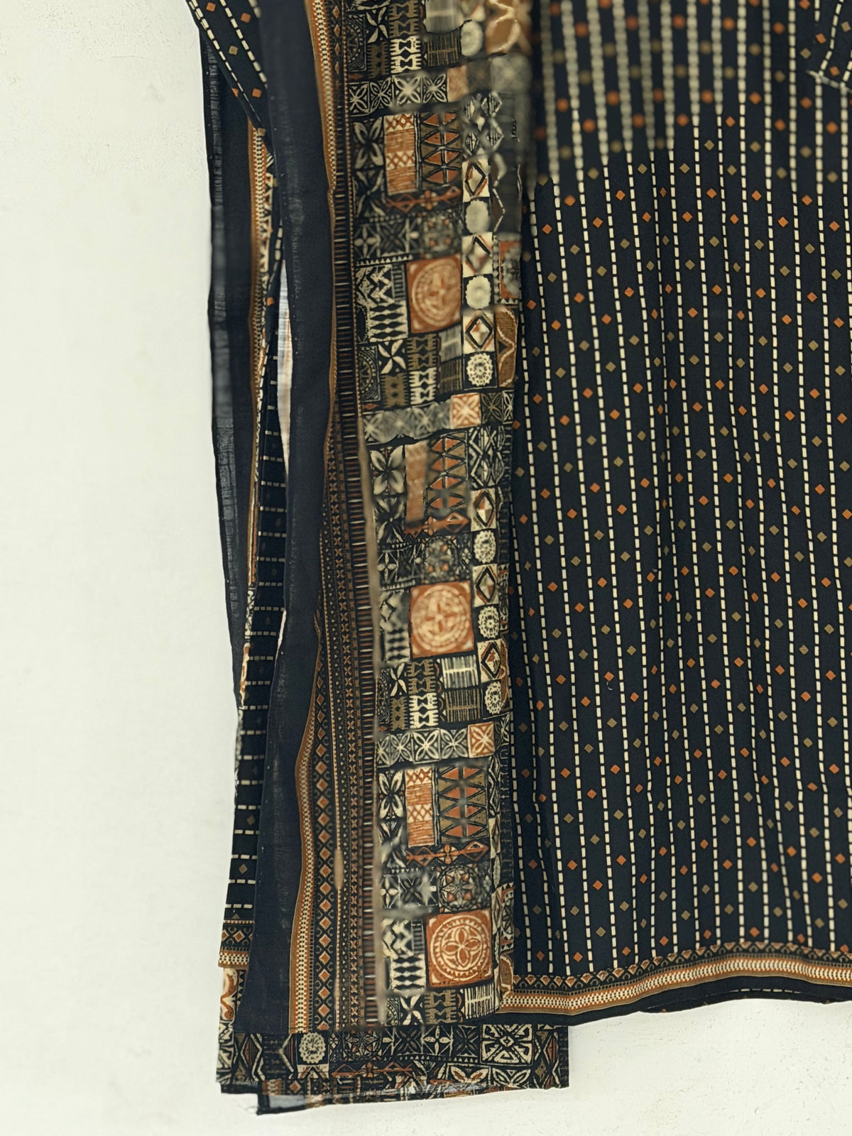 Bin Saeed Khaadar Black Rust Patchwork 3 Piece Stitched Suit