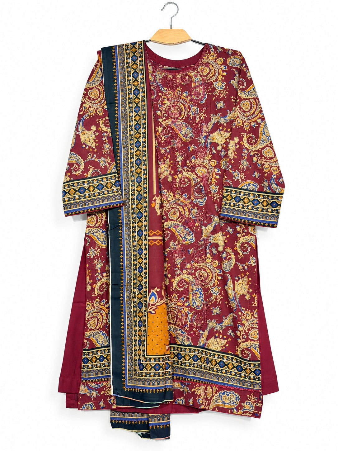 Maroon and navy Dhanak 3-piece suit - full view
