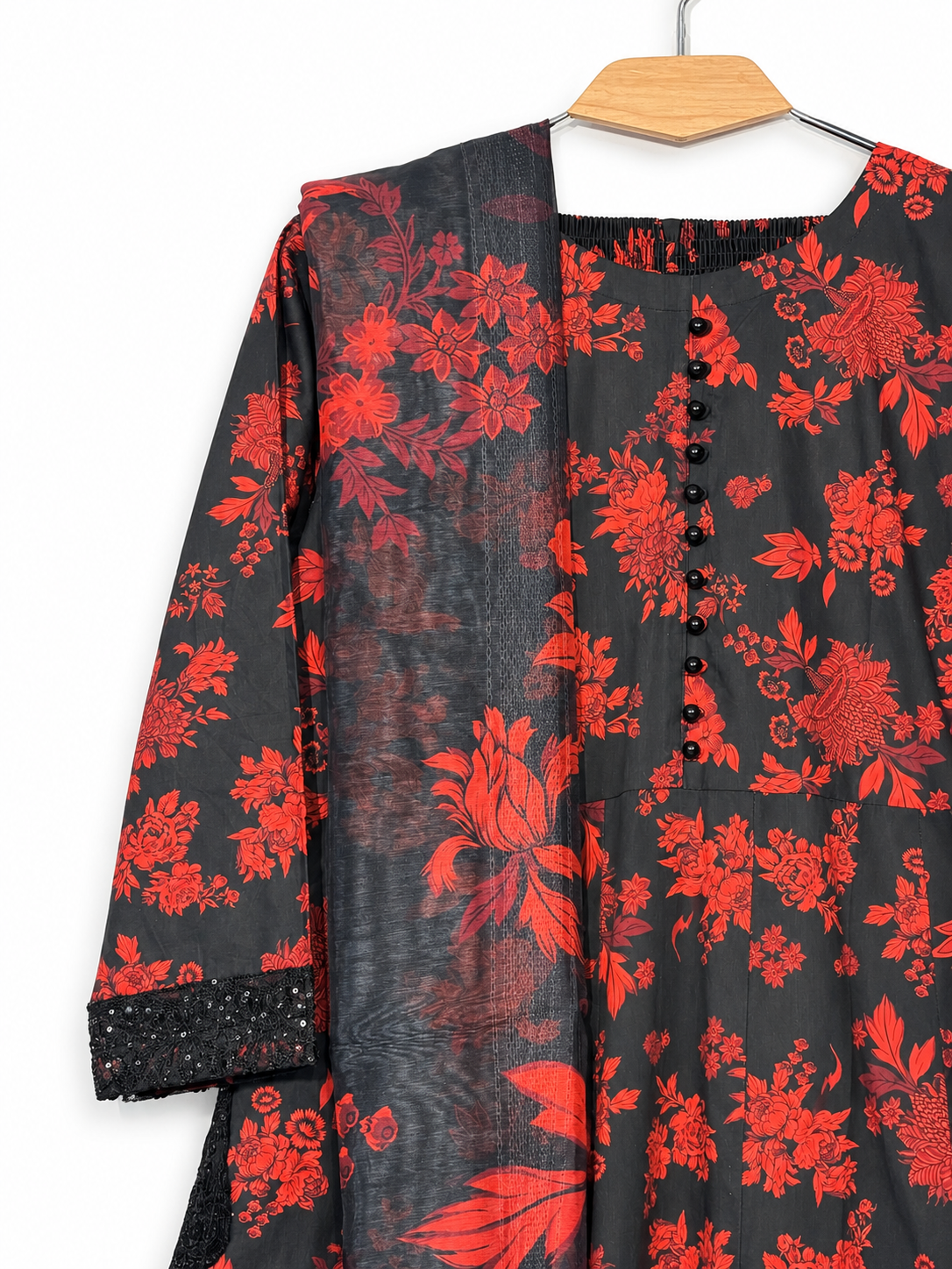 Black & Red Floral Mid-Season Cotton Lawn Long Maxi 3-Piece Suit
