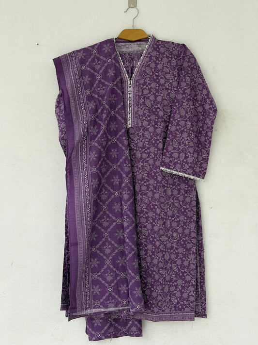 Bin Saeed Khaadar Purple White Floral 3 Piece Stitched Suit