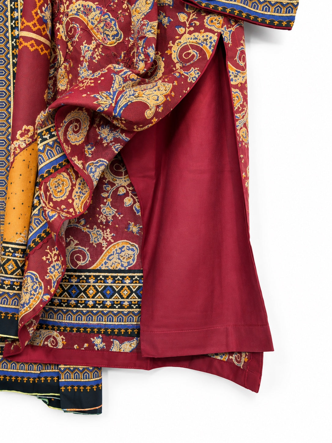 Maroon Dhanak suit - trouser and fabric detail