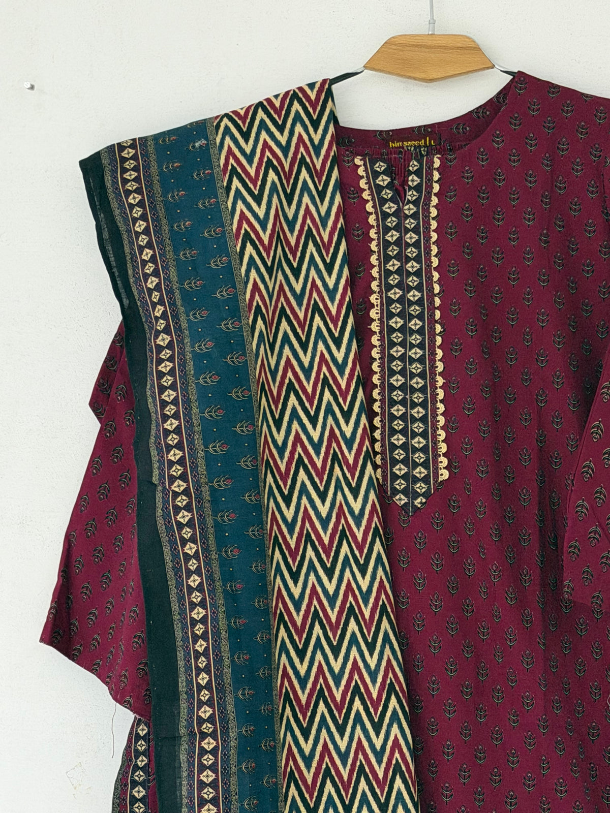 Bin Saeed Khaadar Maroon Teal Chevron 3 Piece Stitched Suit