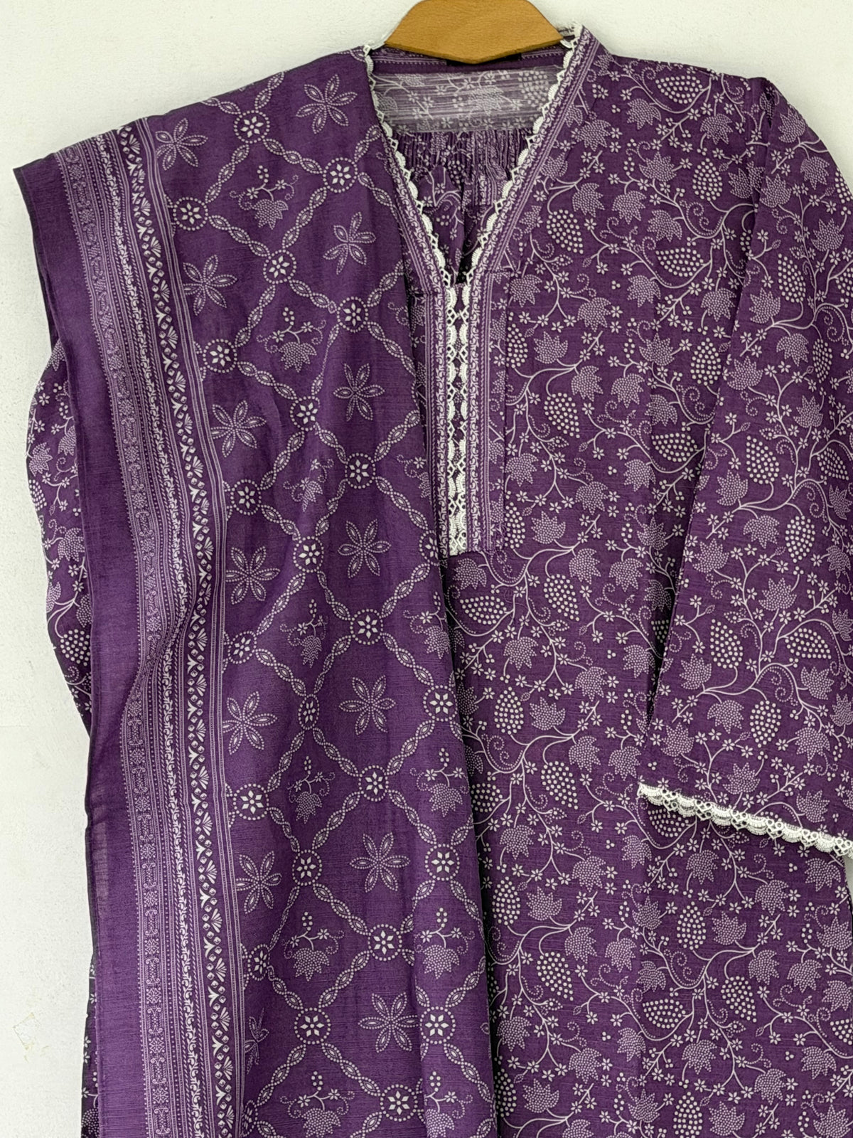 Bin Saeed Khaadar Purple White Floral 3 Piece Stitched Suit