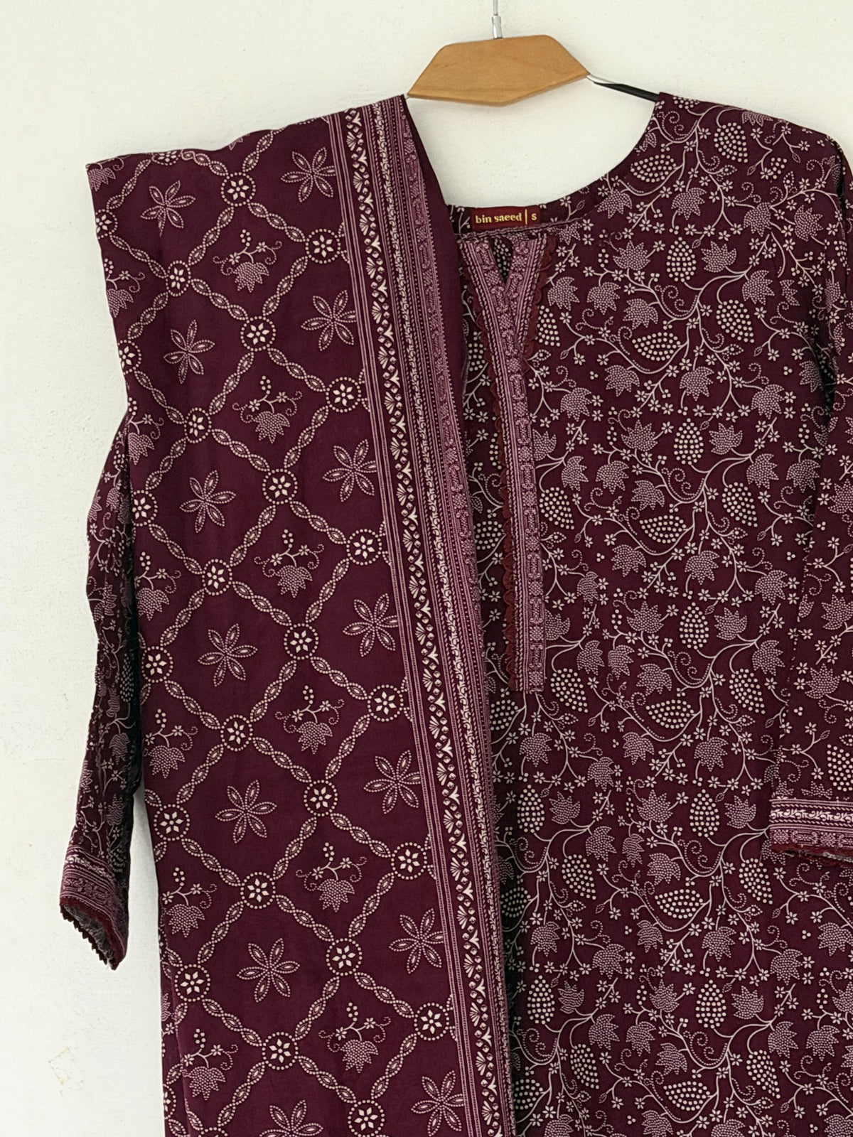 Bin Saeed Khaadar Burgundy Floral 3 Piece Stitched Suit