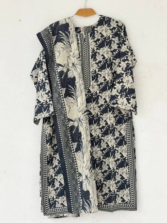 Bin Saeed Khaadar Black Ivory Floral 3 Piece Stitched Suit