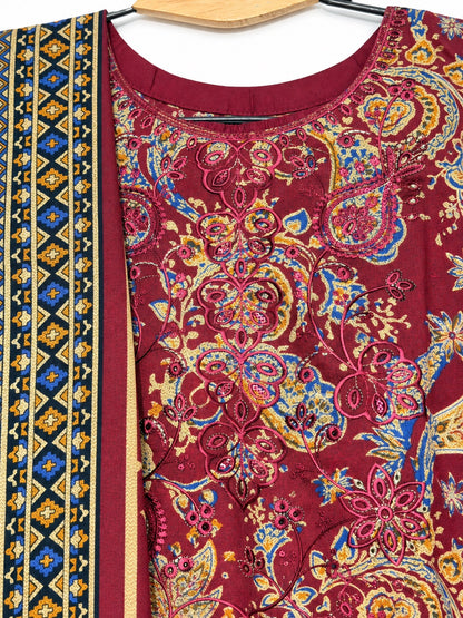 Maroon Dhanak suit - neckline detail
