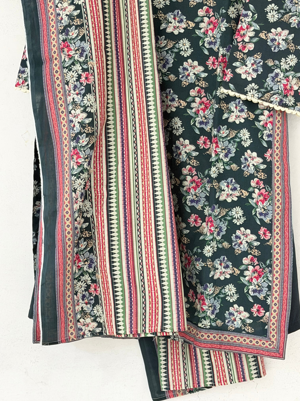Bin Saeed Khaadar Dark Green Pink Floral 3 Piece Stitched Suit