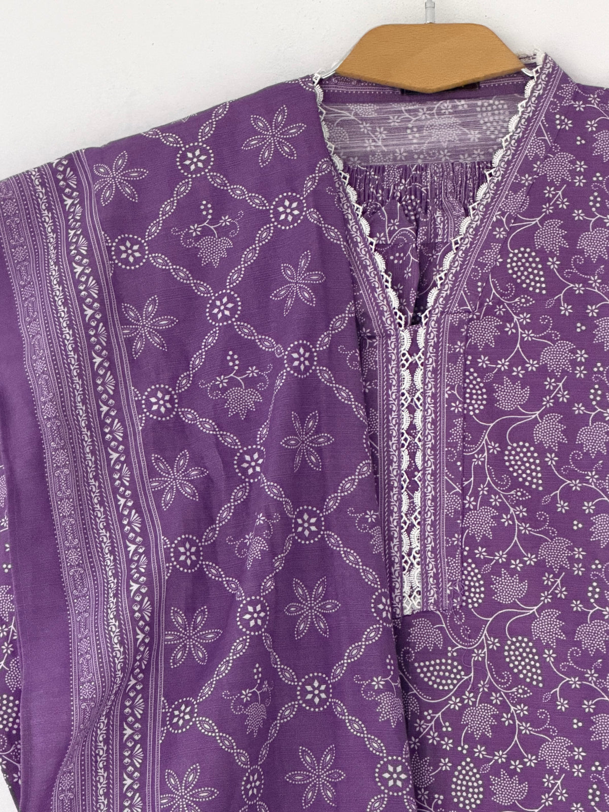 Bin Saeed Khaadar Purple White Floral 3 Piece Stitched Suit