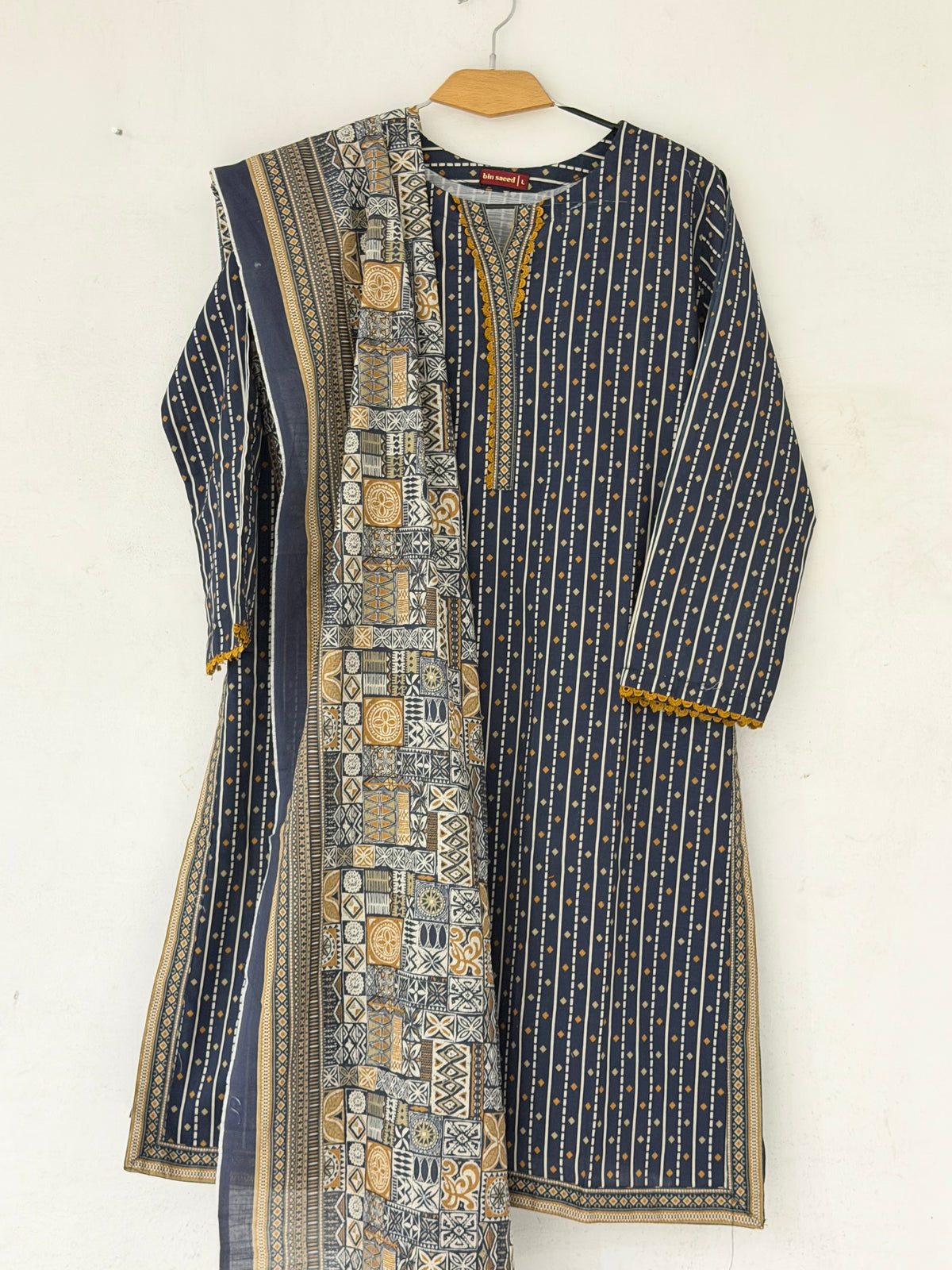 Bin Saeed Khaadar Navy Mustard Patchwork 3 Piece Stitched Suit
