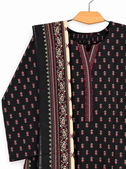 Black floral Bin Saeed Khaddar 3-piece suit - full front view