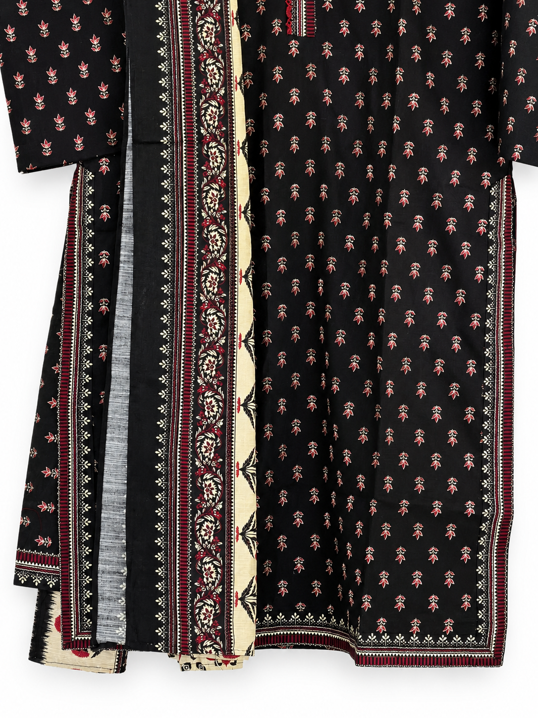 Black floral printed Khaddar shirt - border detail