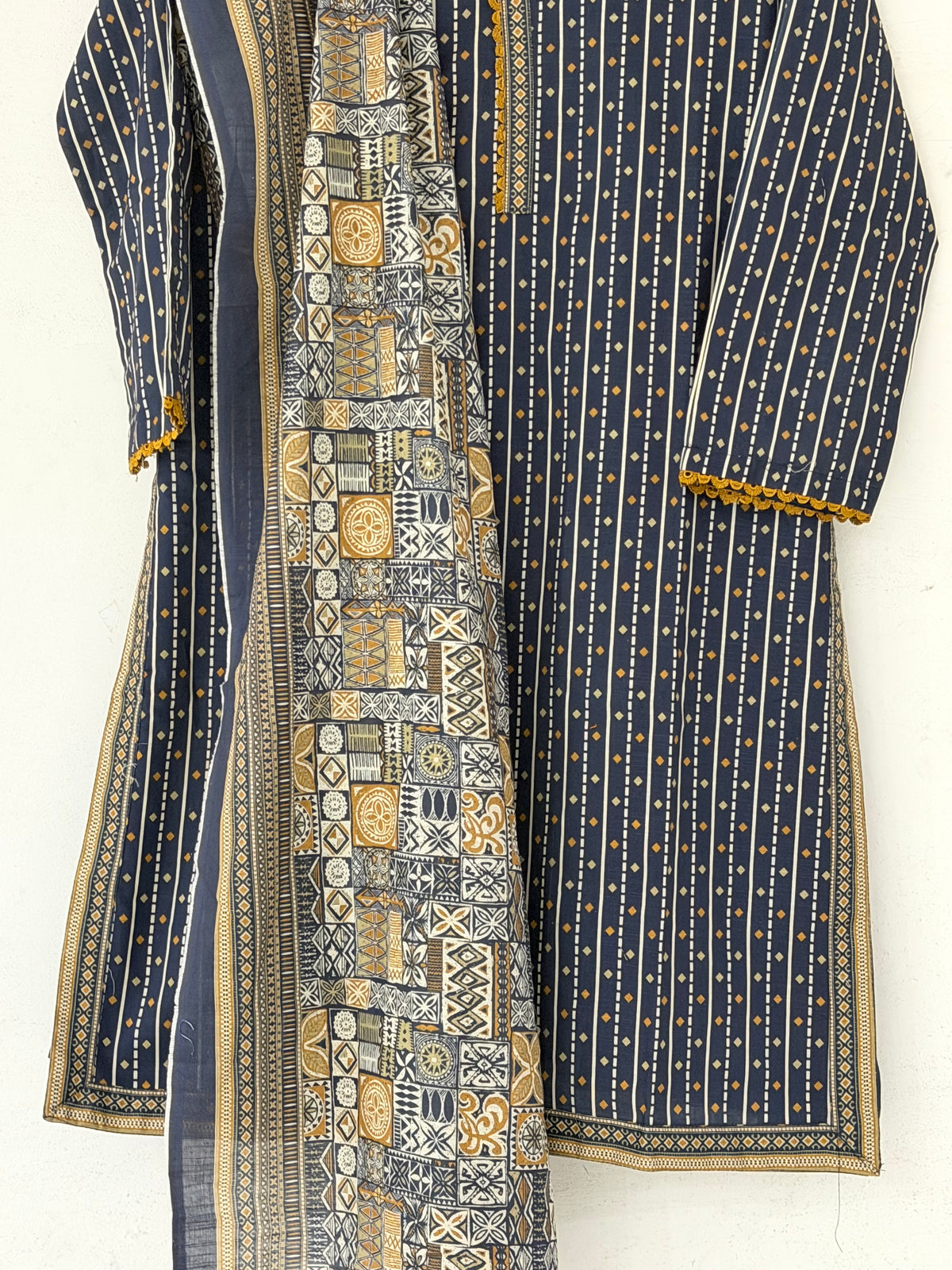 Bin Saeed Khaadar Navy Mustard Patchwork 3 Piece Stitched Suit
