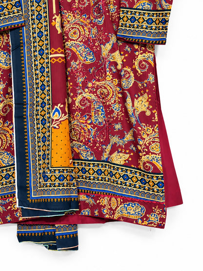 Maroon Dhanak suit - print and border detail