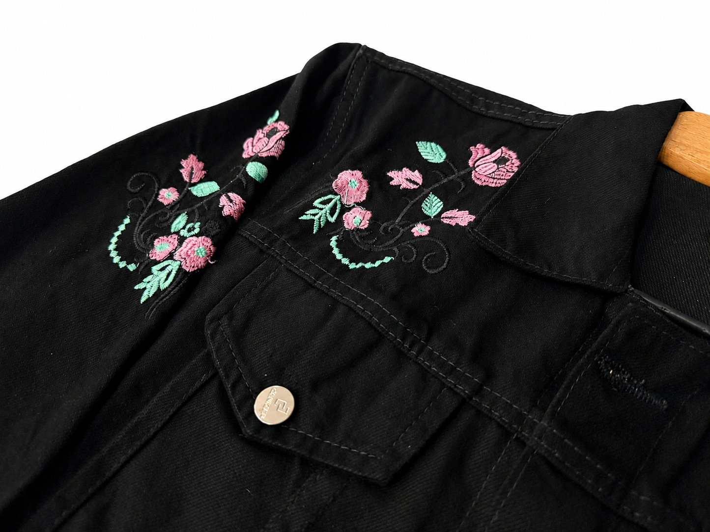 2 for Rs. 3,990 | Women's Black Denim Jacket – Pink Floral Embroidery