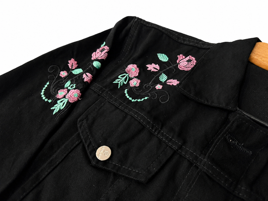 2 for Rs. 3,990 | Women's Black Denim Jacket – Pink Floral Embroidery