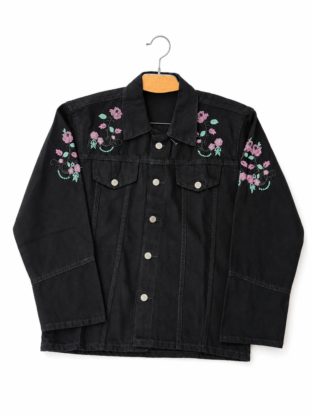 2 for Rs. 3,990 | Women's Black Denim Jacket – Pink Floral Embroidery