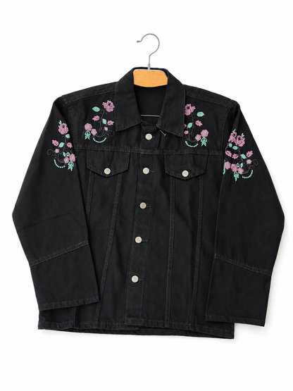 2 for Rs. 3,990 | Women's Black Denim Jacket – Pink Floral Embroidery