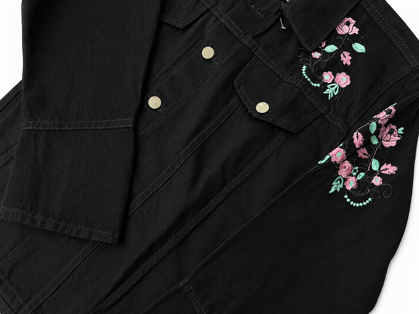 2 for Rs. 3,990 | Women's Black Denim Jacket – Pink Floral Embroidery