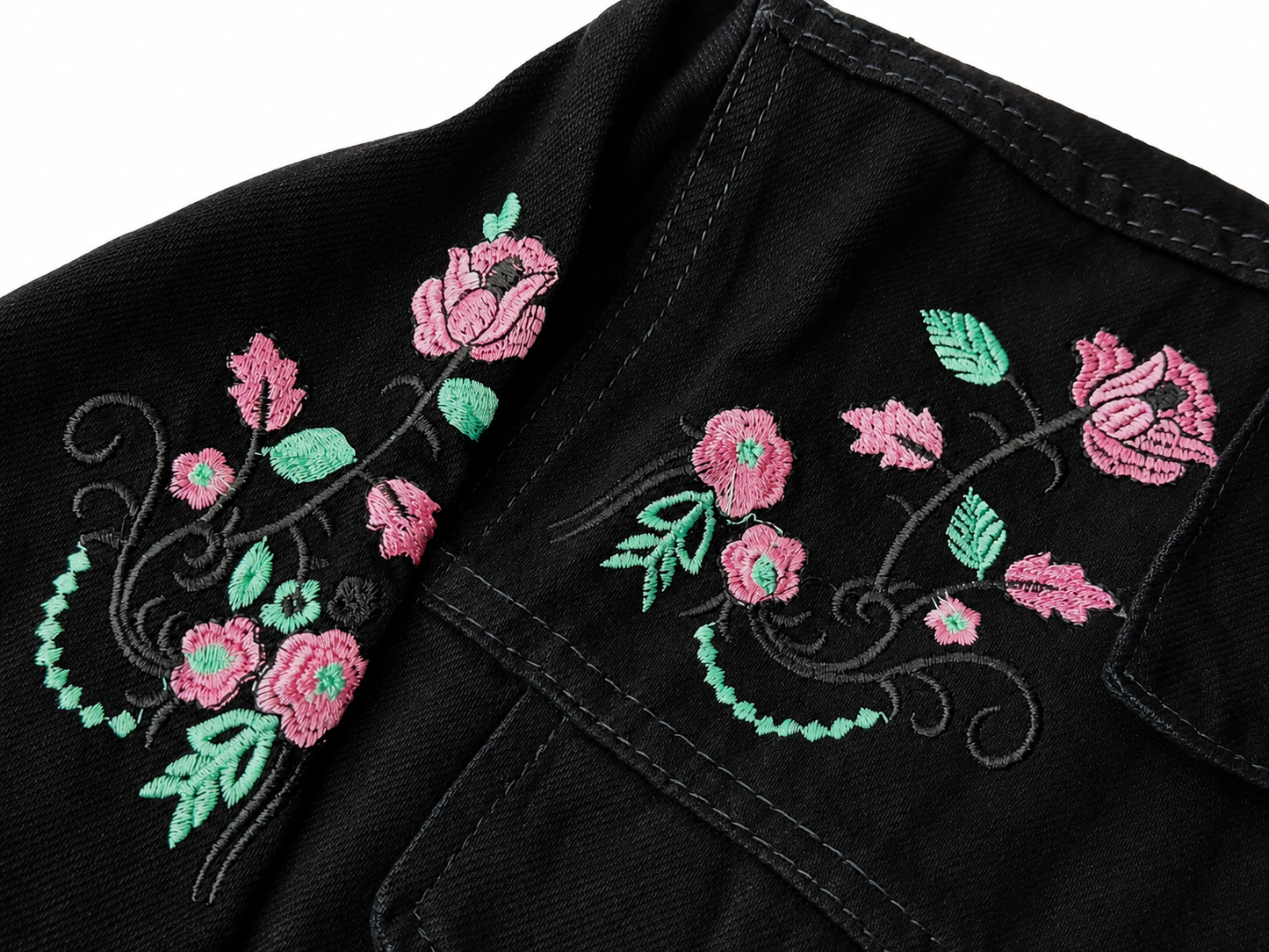 2 for Rs. 3,990 | Women's Black Denim Jacket – Pink Floral Embroidery
