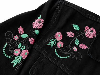2 for Rs. 3,990 | Women's Black Denim Jacket – Pink Floral Embroidery