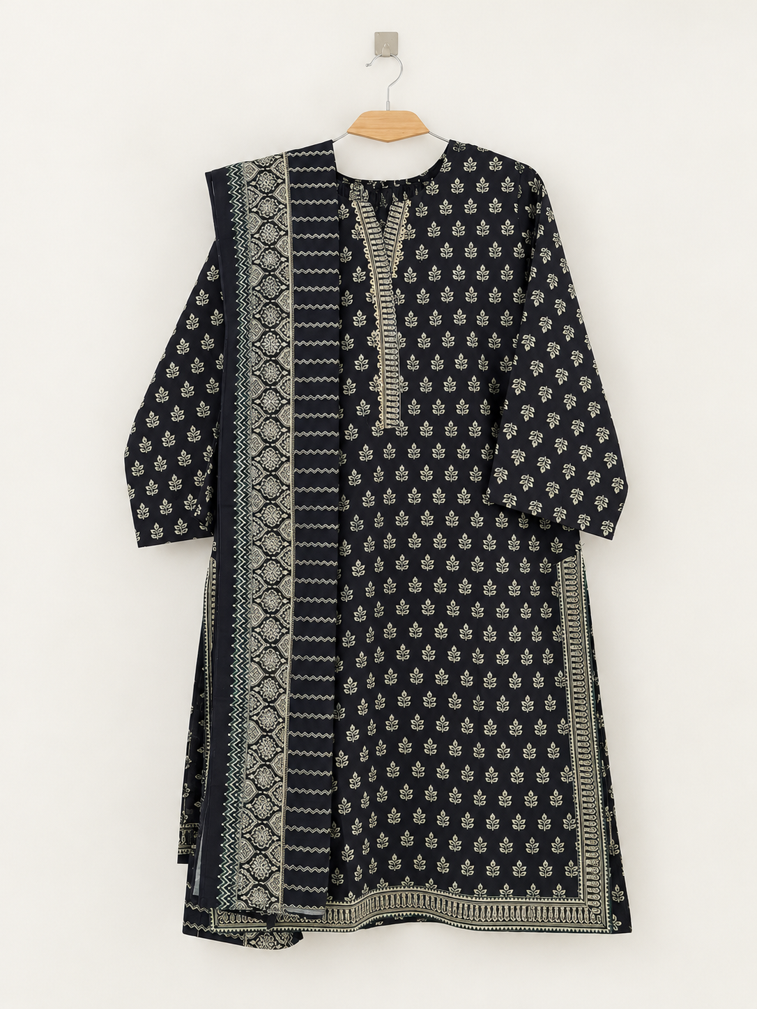 Black and ivory botanical print khaddar suit front view
