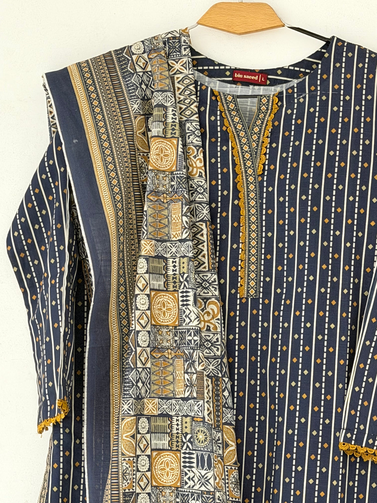 Bin Saeed Khaadar Navy Mustard Patchwork 3 Piece Stitched Suit