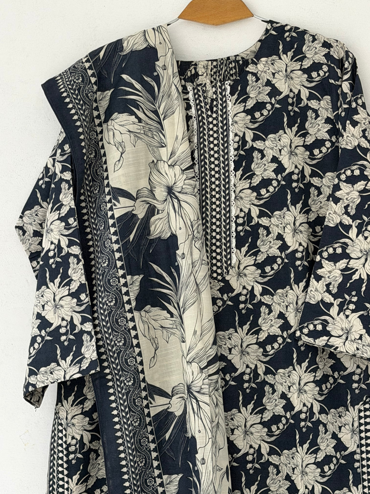 Bin Saeed Khaadar Black Ivory Floral 3 Piece Stitched Suit