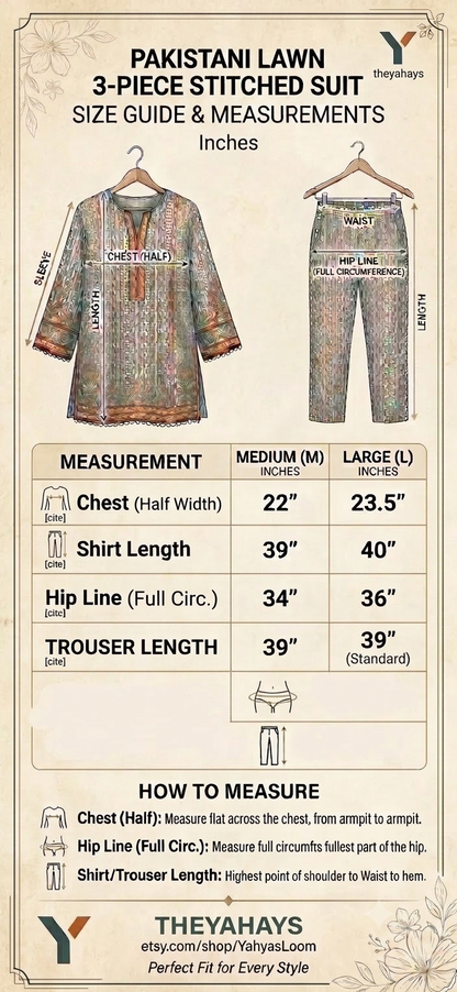 Yahyas size guide measurements chart Medium and Large