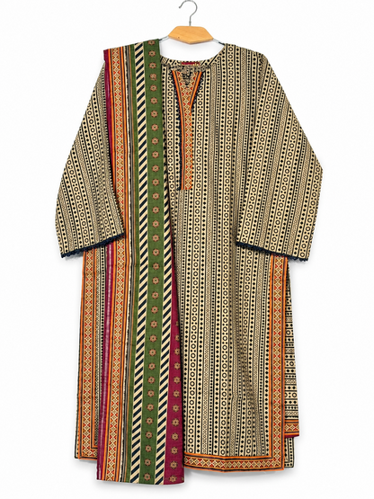 Bin Saeed Khaddar beige geometric 3-piece suit full view