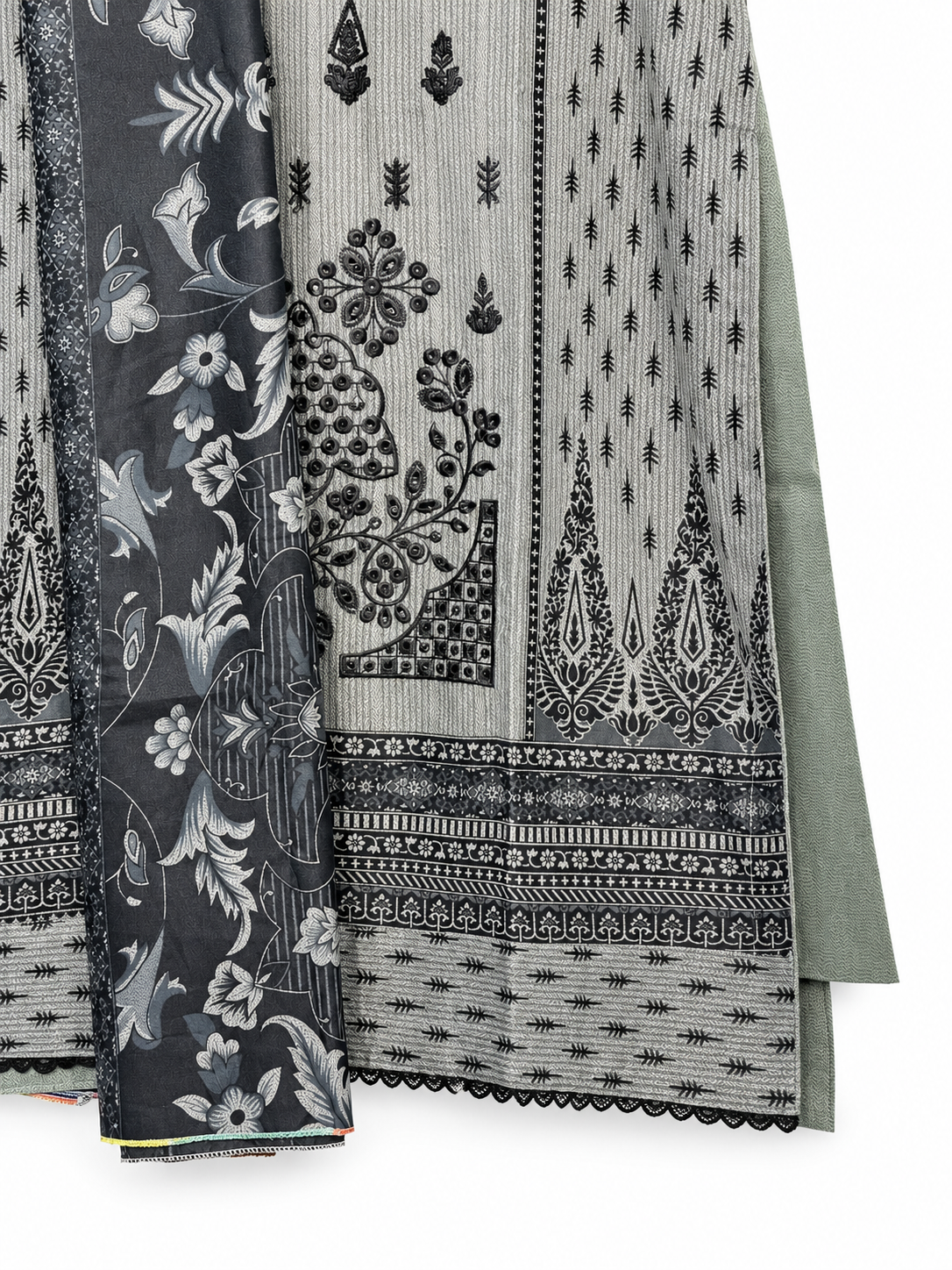 Bin Saeed grey and charcoal floral print and border detail