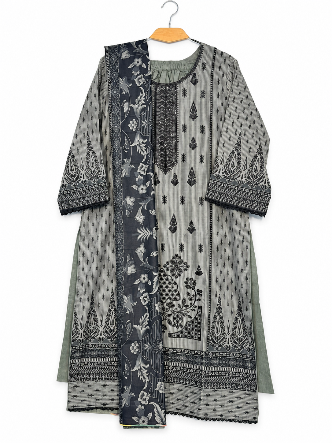 Bin Saeed grey charcoal printed suit front view
