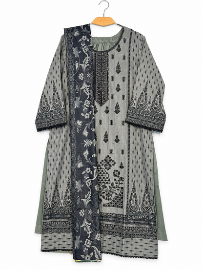 Bin Saeed grey charcoal printed suit front view