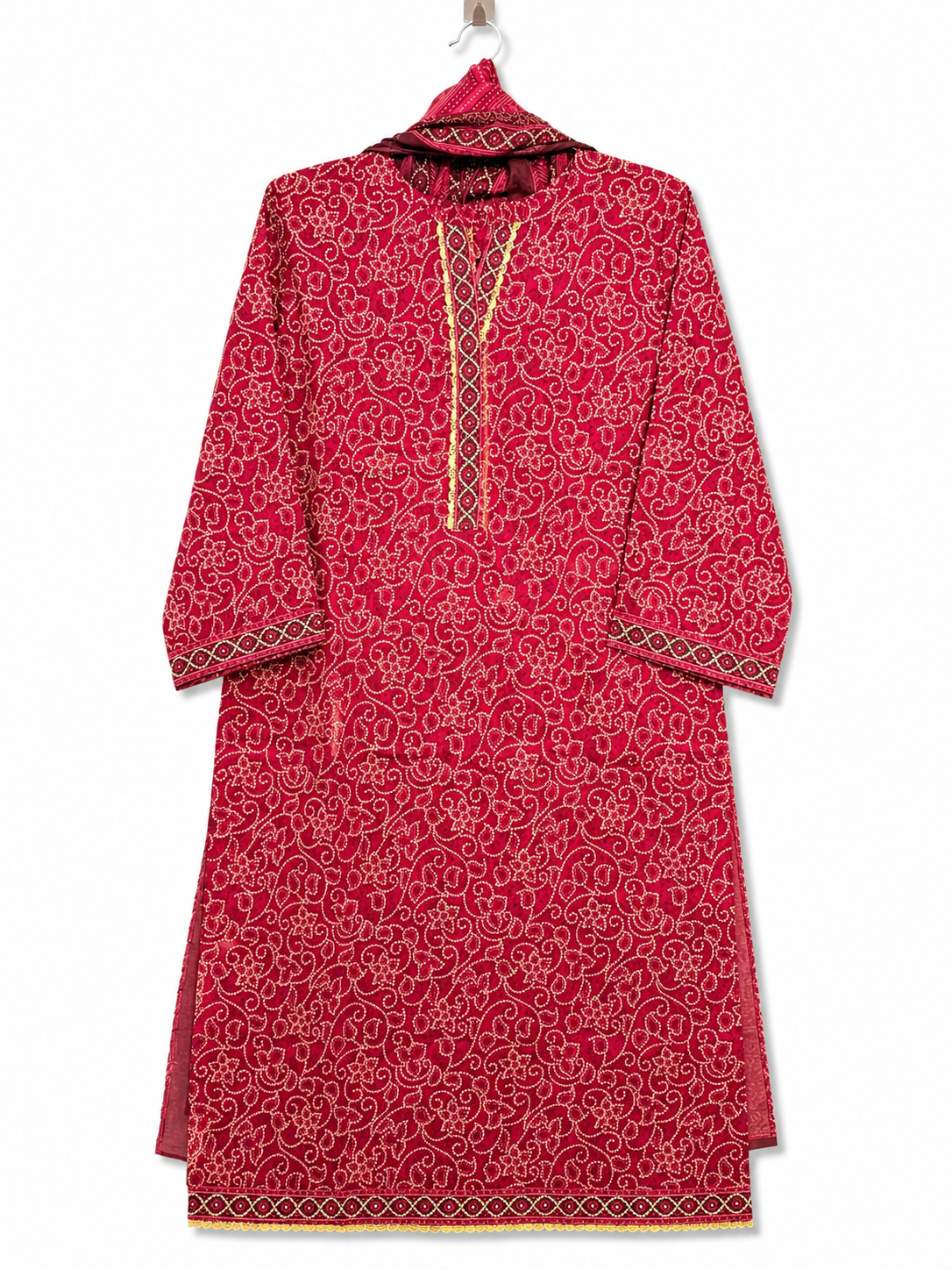 Yahyas Hot Mahroon Bandhani 3-Piece Suit | Premium Summer Collection