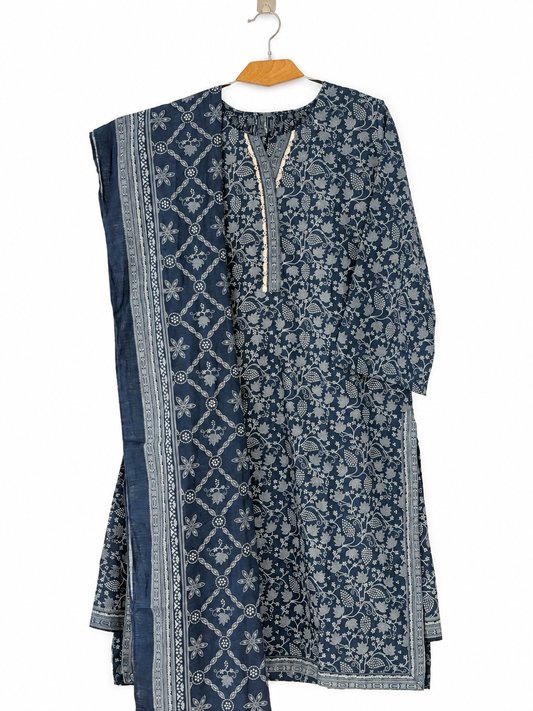 Bin Saeed Khaadar Navy White Floral 3 Piece Stitched Suit