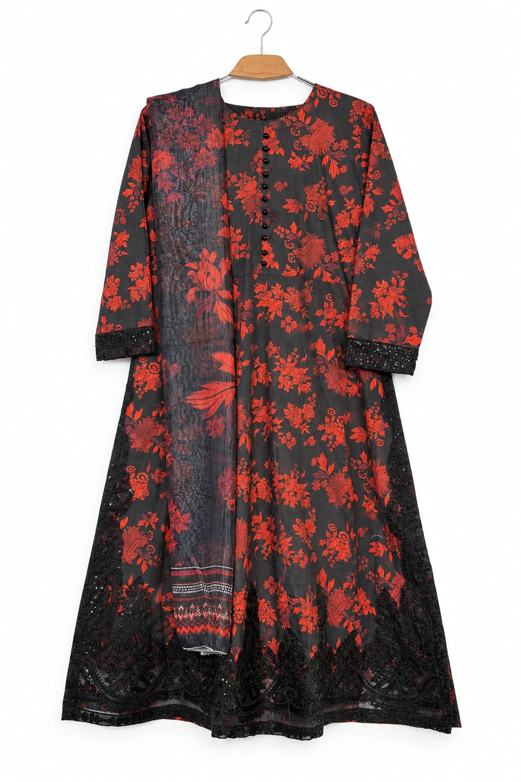 Black & Red Floral Mid-Season Cotton Lawn Long Maxi 3-Piece Suit