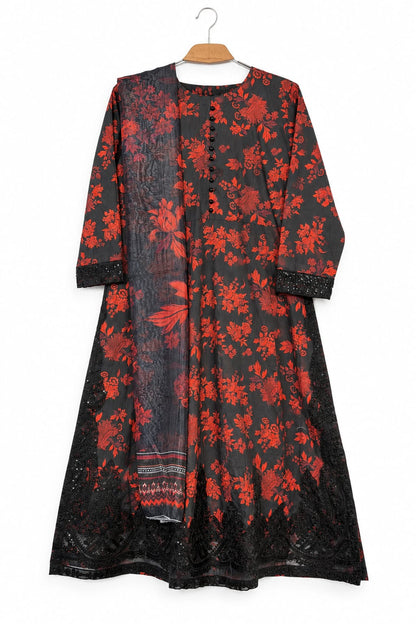 Black & Red Floral Mid-Season Cotton Lawn Long Maxi 3-Piece Suit