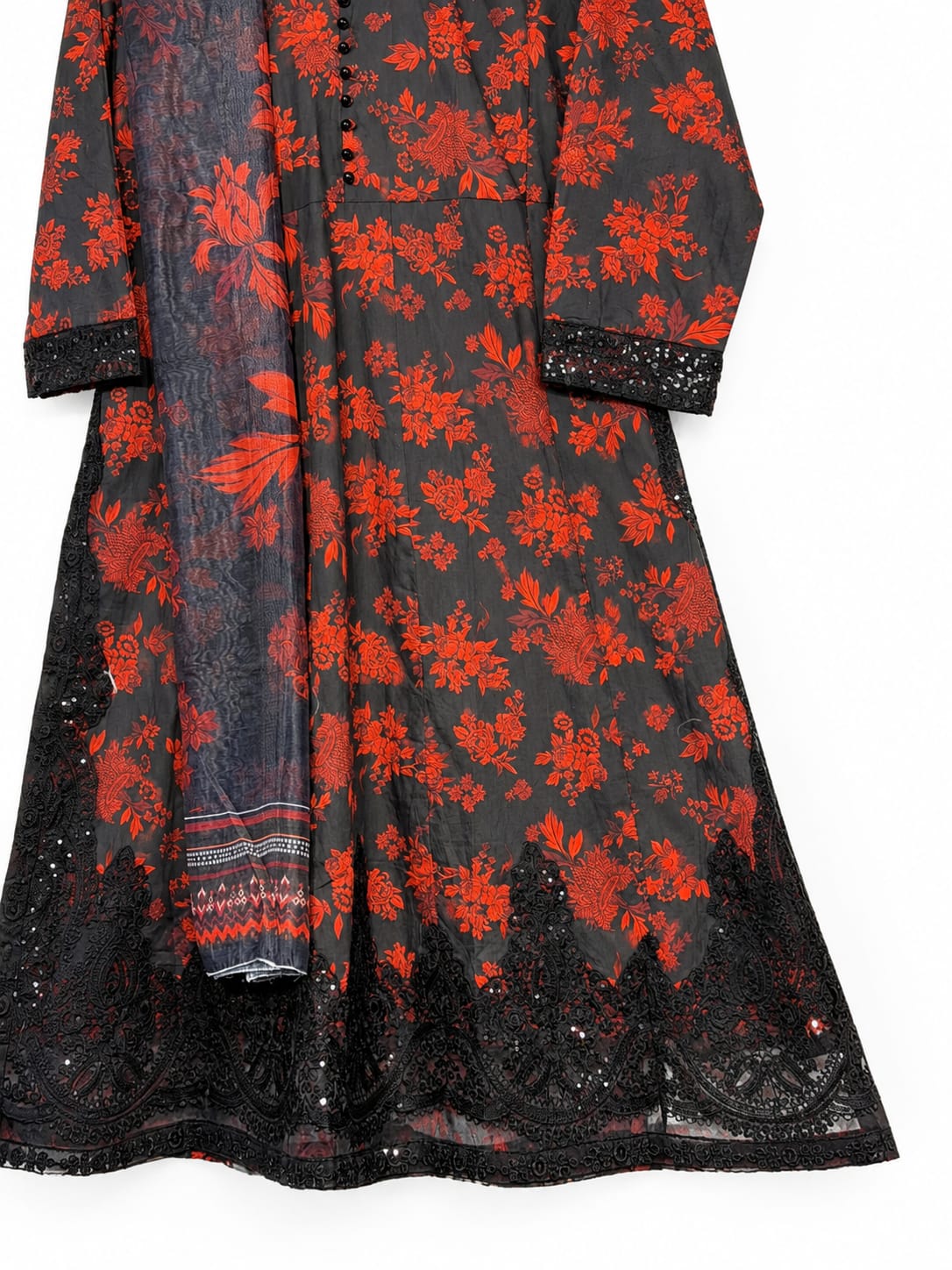 Black & Red Floral Mid-Season Cotton Lawn Long Maxi 3-Piece Suit