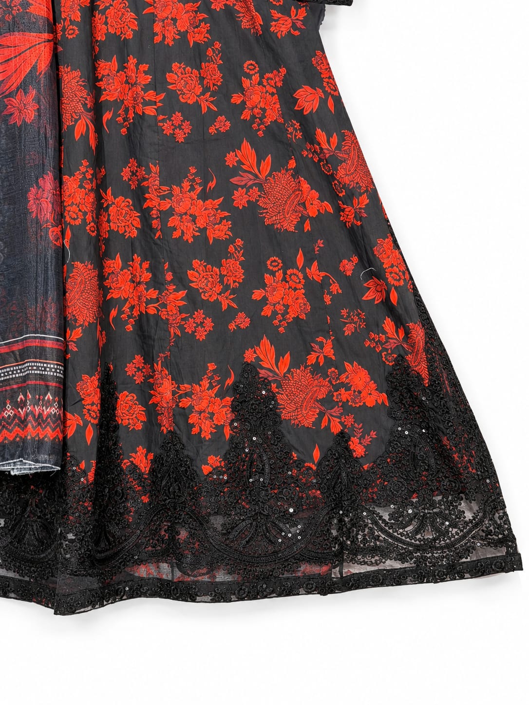 Black & Red Floral Mid-Season Cotton Lawn Long Maxi 3-Piece Suit