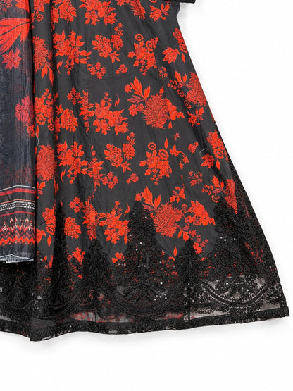 Black & Red Floral Mid-Season Cotton Lawn Long Maxi 3-Piece Suit