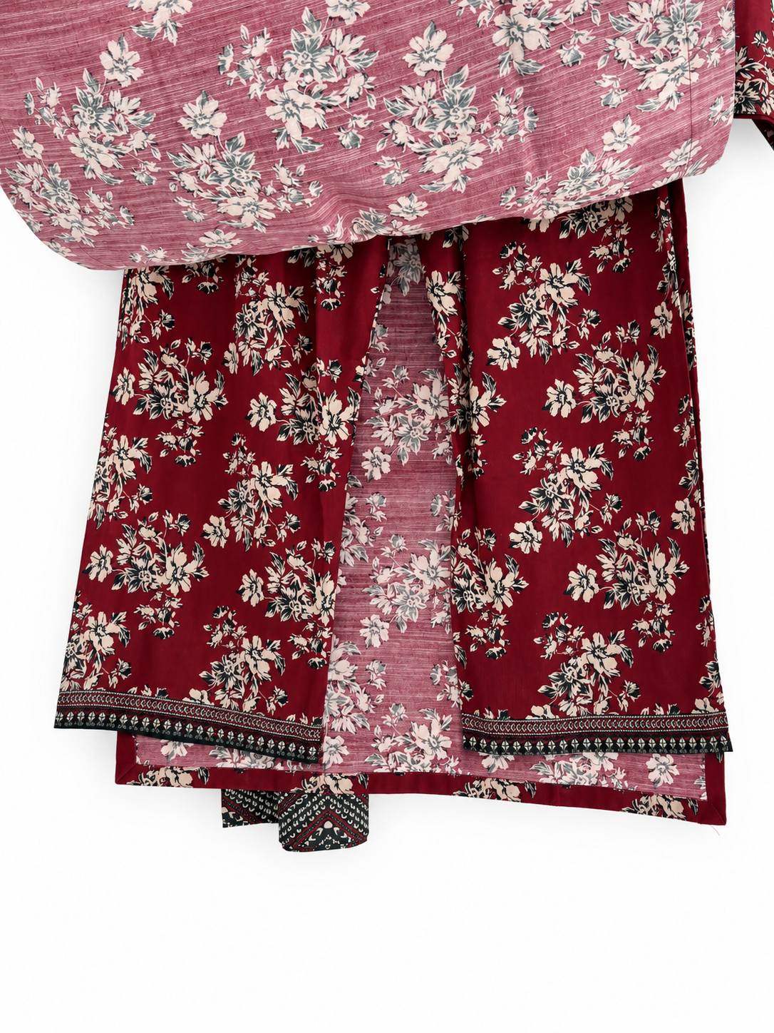Maroon floral suit back and hem detail