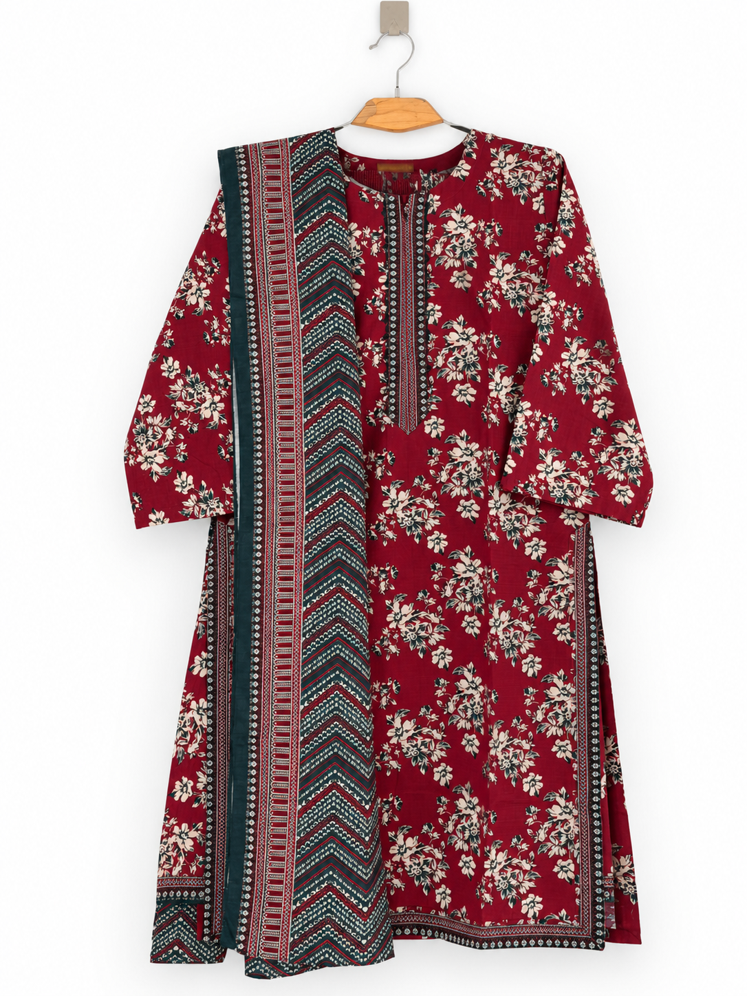 Maroon ivory floral khaddar suit front view